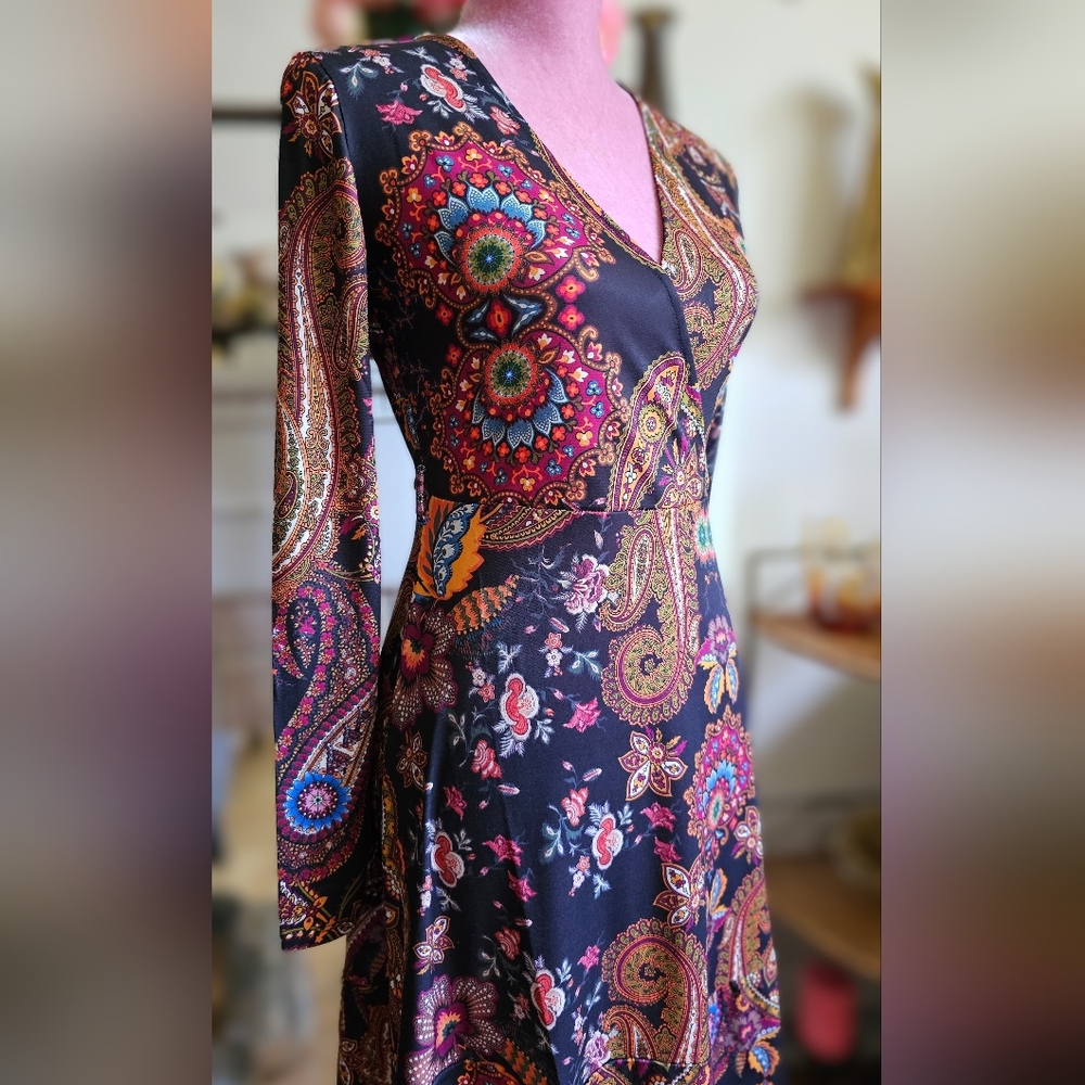 Desigual Boho Style Dress. V-neck Dress. Paisley Dress.